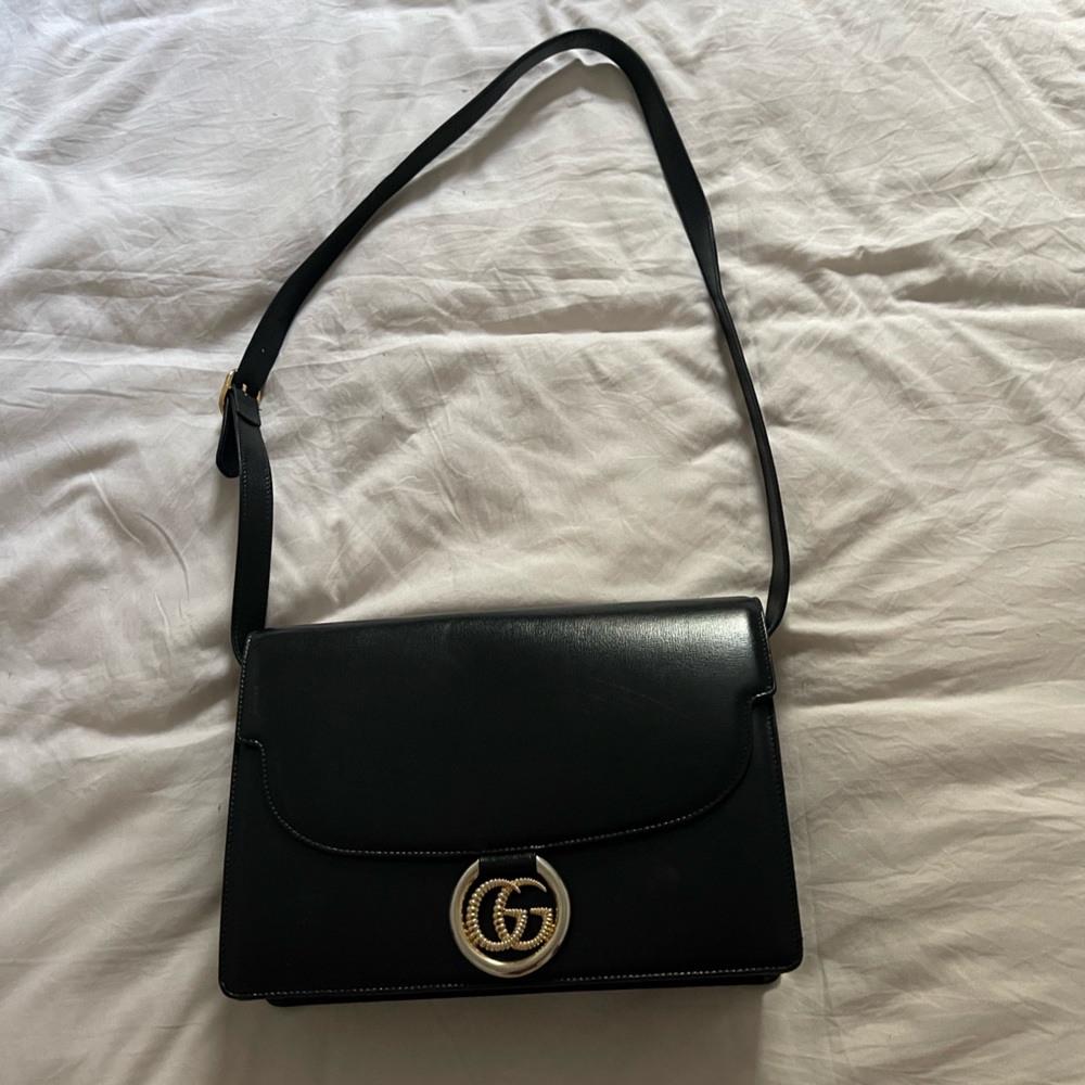 GUCCI Textured Calfskin Medium Torchon GG Ring Shoulder Bag Black